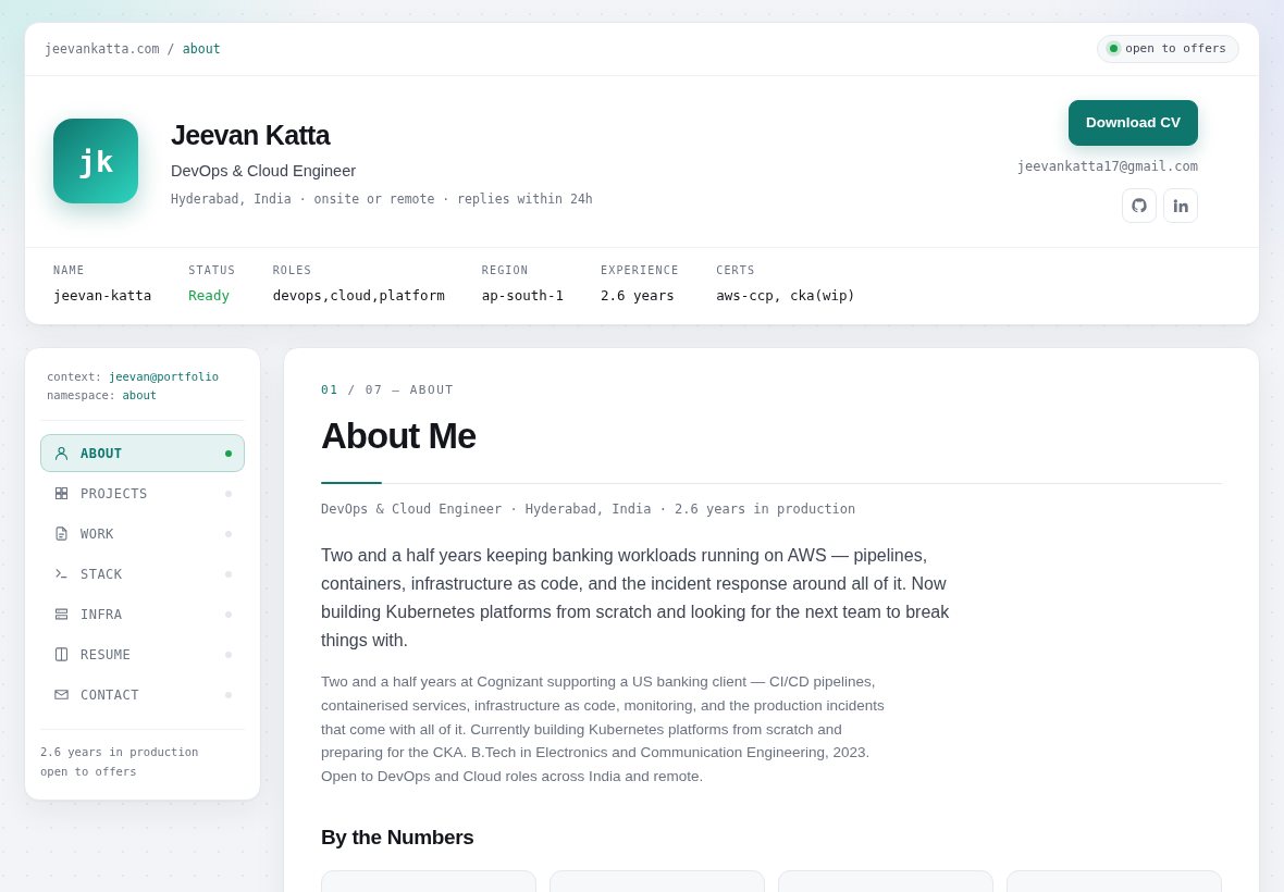 A DevOps engineer’s portfolio, styled like a terminal